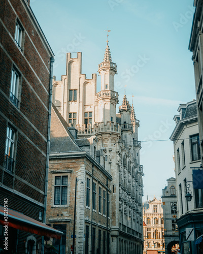 In a side street between beautiful buildings, you can see a Gothic building with towers.