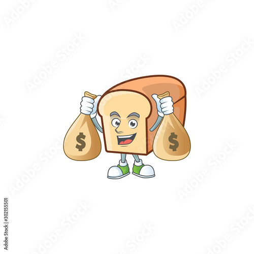 White bread of cartoon with holding money bag mascot.