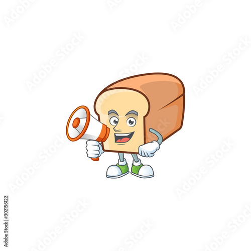 White bread of cartoon with holding megaphone mascot.