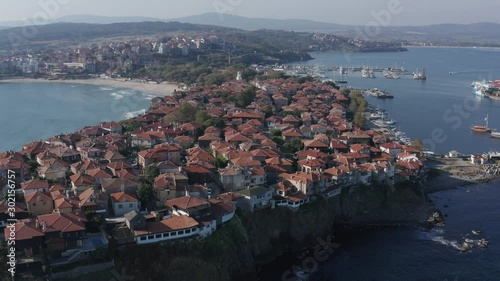 Panoramic view of the old town of Nessebar from a great height. Aerial drone footage