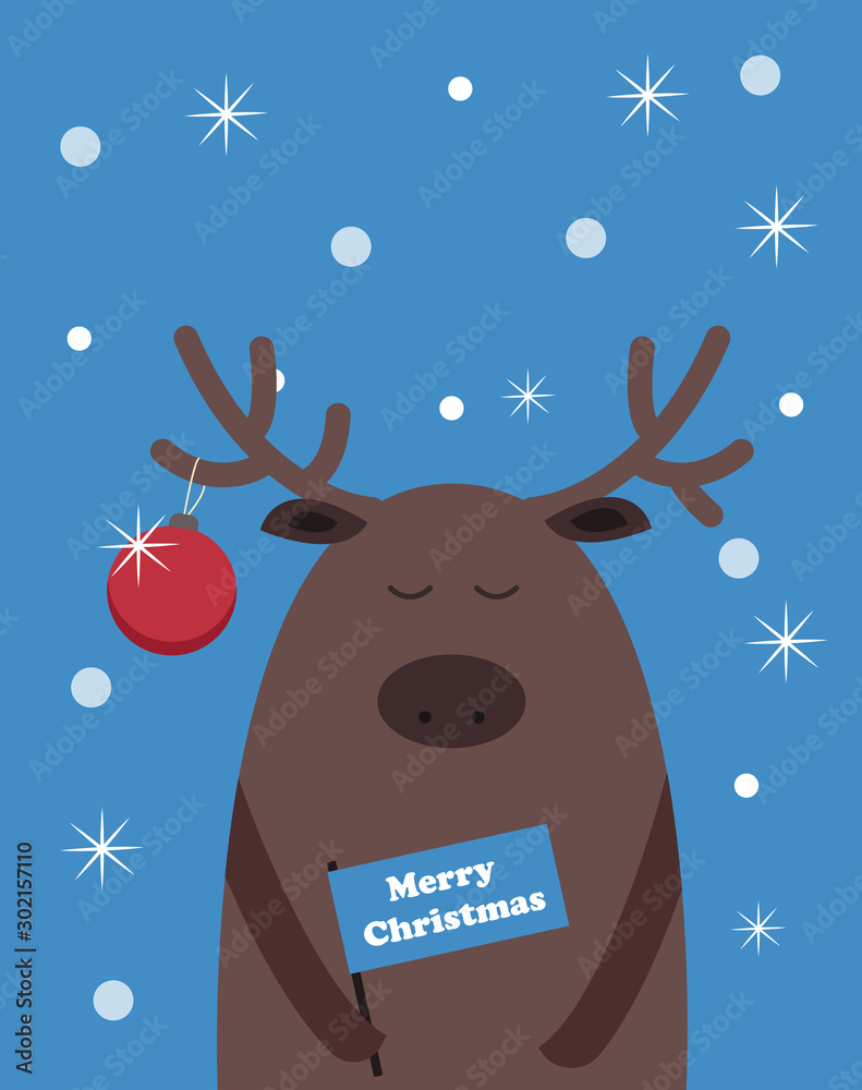 Christmas Illustration, postcard with a picture of a deer holding a flag with a greeting. Blue background with snowflakes. Stock vector graphics.