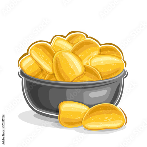 Vector illustration of Potato Chips, still life composition of heap fatty fried potatoes in grey bowl and two slices of home made crispy potato chips on white background.