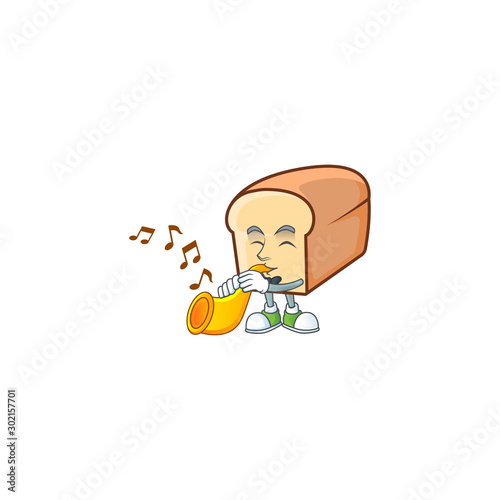 Cartoon of white bread in character with trumpet.