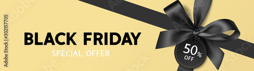 Decorative black bow with price tag for black friday sale design. Vector illustration
