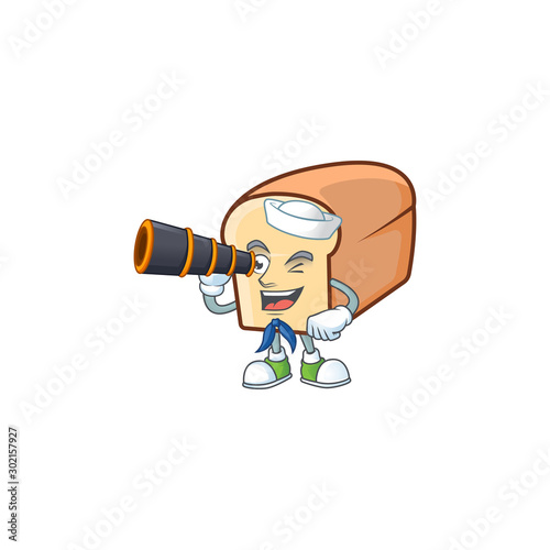 Cartoon of white bread in character sailor holding binocular.