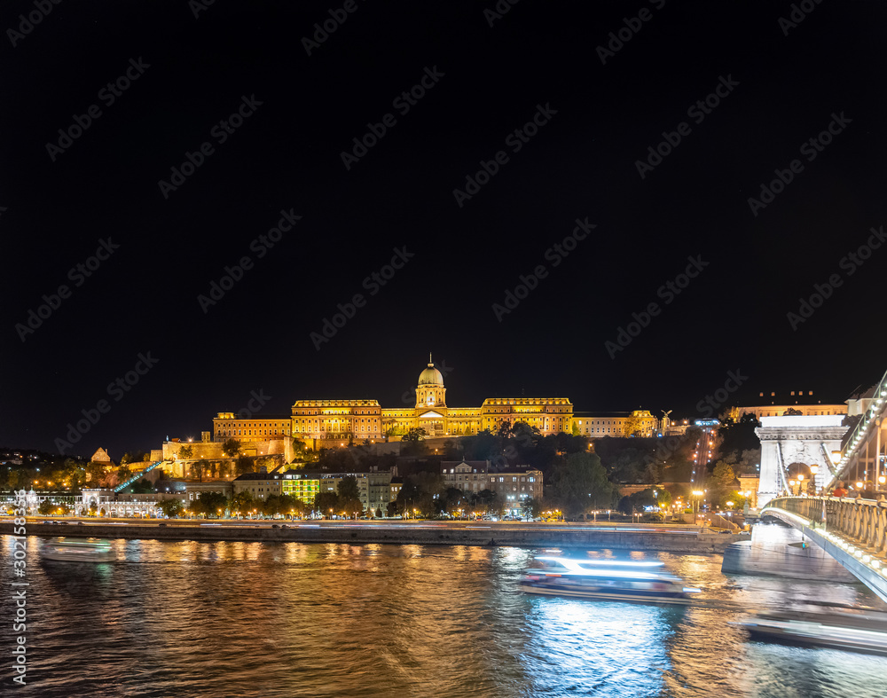 Budapest, Hungary-October 01, 2019: Budapest Castle Hill as seen from across the Danube River. Buda Castle in Budapest at night.