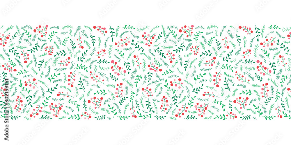 Hand Drawn Abstract Doodle Christmas Foliage, Red Holy Berries, White Background Vector Seamless Border. Winter Holidays