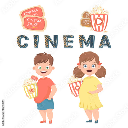 Kids with popcorn in cinema, watching a movie with popcorn, children with popcorn in their hands going to the cinema, tickets to the cinema. Cartoon vector Illustration.