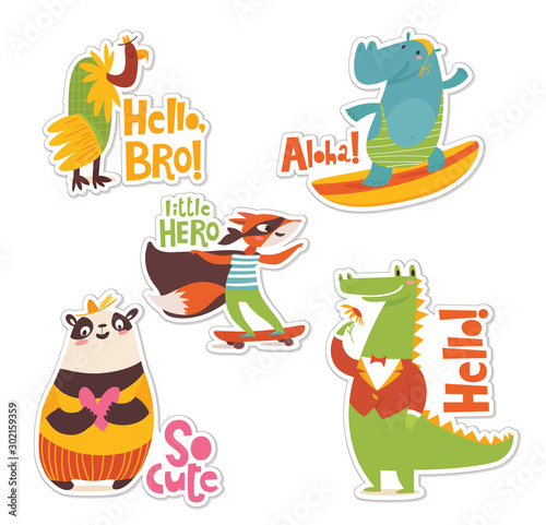 Five stickers with cool cartoon animals and lettering.