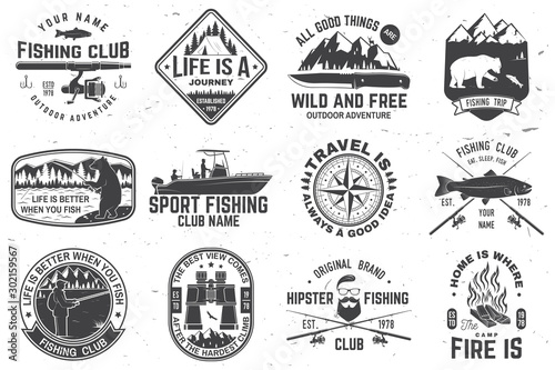 Set of outdoor adventure patches with inspirational quotes, fishing club badges. Vector. Concept for shirt or print, stamp or tee. Vintage design with rv trailer, camping tent, fish rod, bear.