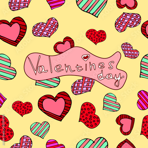 Valentine's day seamless pattern. Colorful hearts with lines and dots with Happy Valentine's Day greetings. Textures for clothes, wrapping paper, souvenirs and invitations.