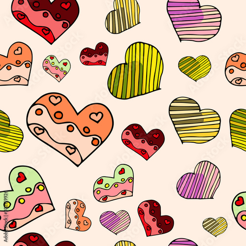 A variety of beautiful hearts for Valentine's Day. Hand-drawn vector illustration. Seamless pattern.Textures for clothes, wrapping paper, souvenirs and invitations.