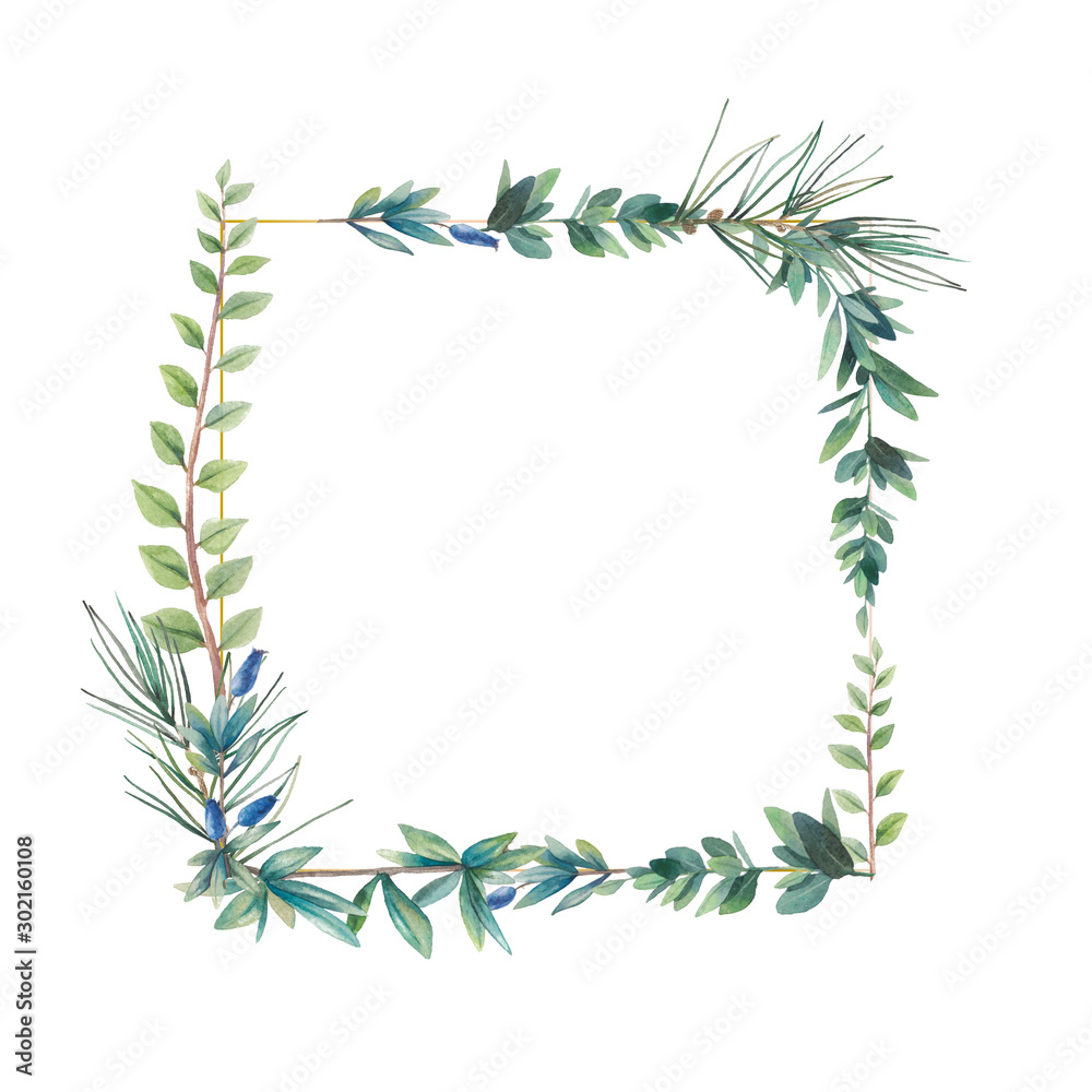 Watercolor eucalyptus, fern, pine branches frame. Hand painted floral clip art: square frame isolated on white background.