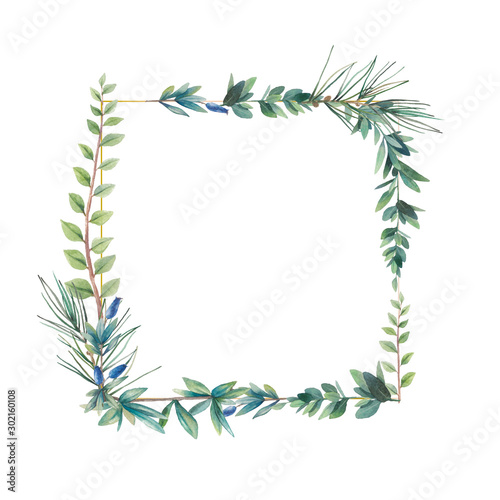 Watercolor eucalyptus  fern  pine branches frame. Hand painted floral clip art  square frame isolated on white background.