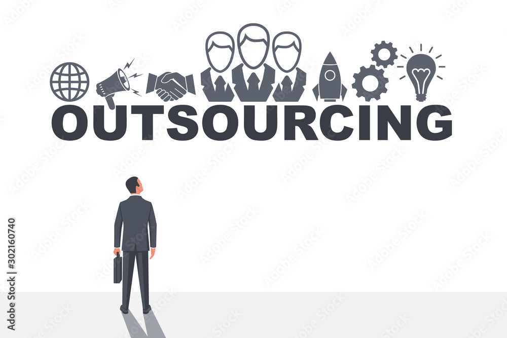 Banner outsourcing for web, print and mobile. Keyword and glyph icons. Businessman with a briefcase looks at the concept. Business symbol and icon. Vector illustration flat design. Banner outsourcing for web, print and mobile. Keyword and glyph icons. Businessman with a briefcase looks at the concept. Business symbol and icon. Vector illustration flat design.