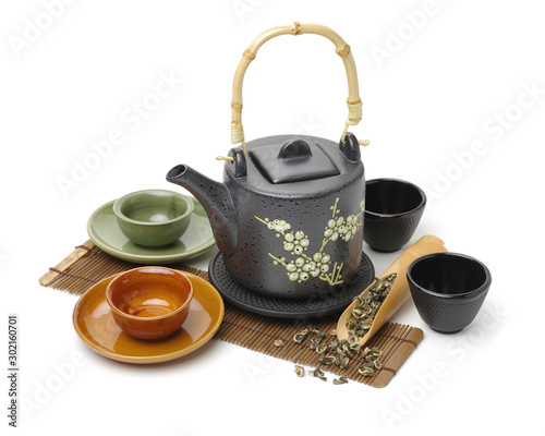 Closeup of tea set on white background 