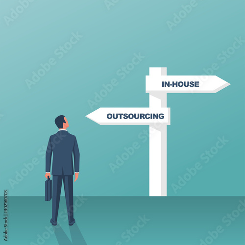 Outsource or inhouse - signpost. Businessman in front of a road sign. The choice of man. Banner outsourcing concept. Vector illustration flat design. Isolated on background.