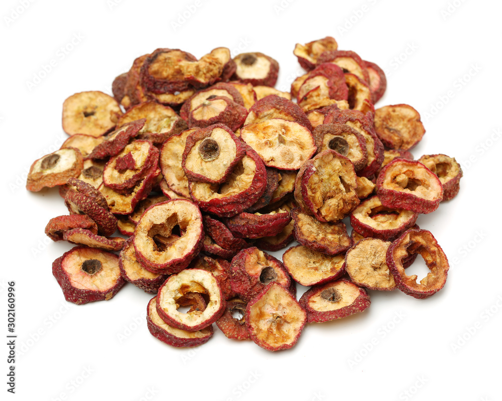 Dried hawthorn slices for brewing tea on white background