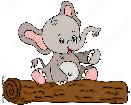 Cute elephant sitting on tree stump trunk