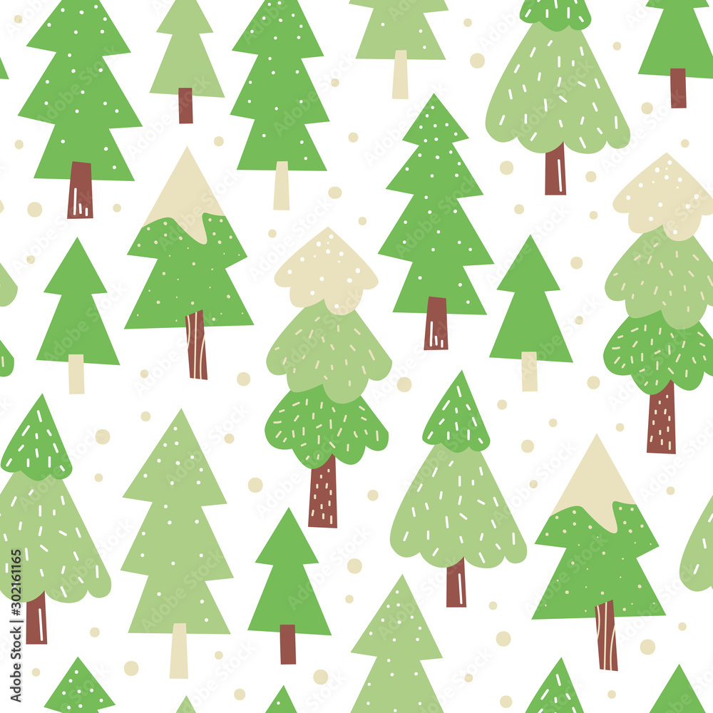 Spruce trees hand drawn seamless vector pattern. Green fir trees. Winter holiday flat pattern. Wrapping paper, print, page fill, web design. Vector illustration
