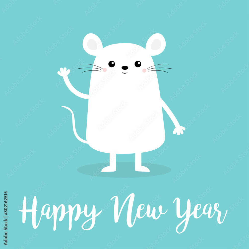 White mouse waving hand. Happy New Year 2020 sign symbol. Merry ...