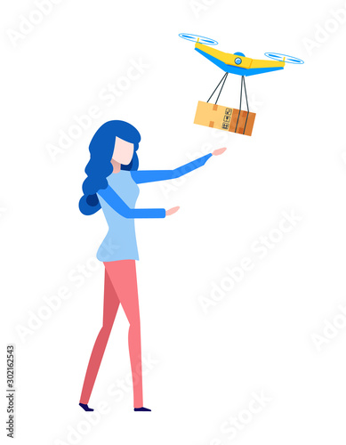 Order of woman vector, lady with fulfilled shipment, isolated person holding package carton box flying, flat style. Delivery with drone. Quadcopter flying over woman and carrying package to customer