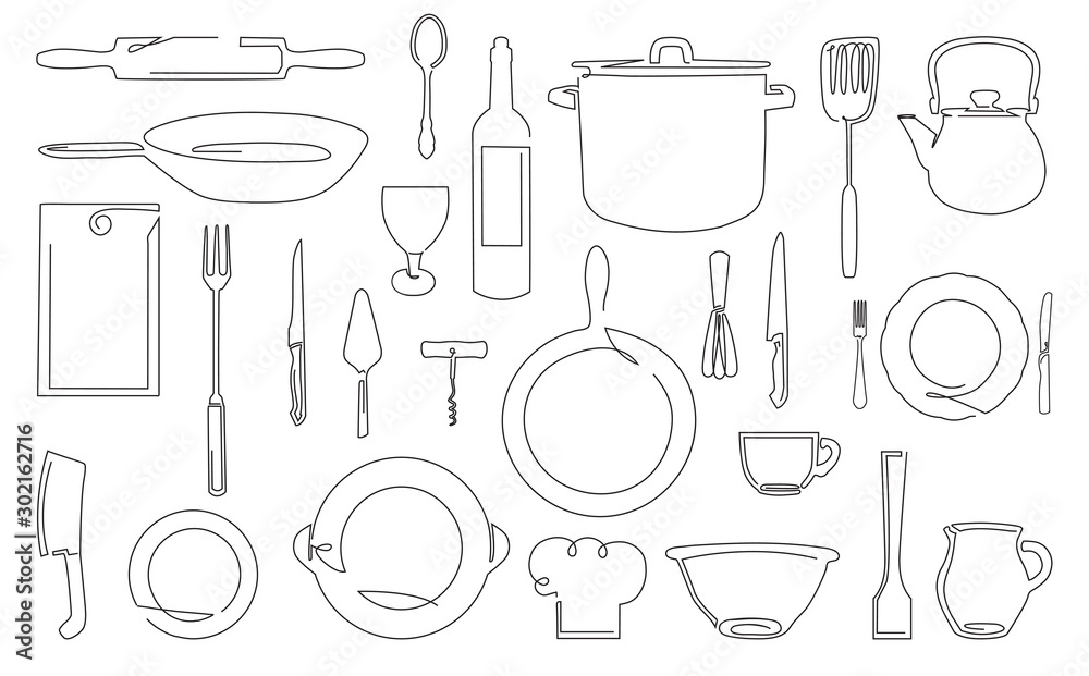 One Line Drawing of Isolated Kitchen Utensils. Cooking Outline Icons Set. Vector illustration.