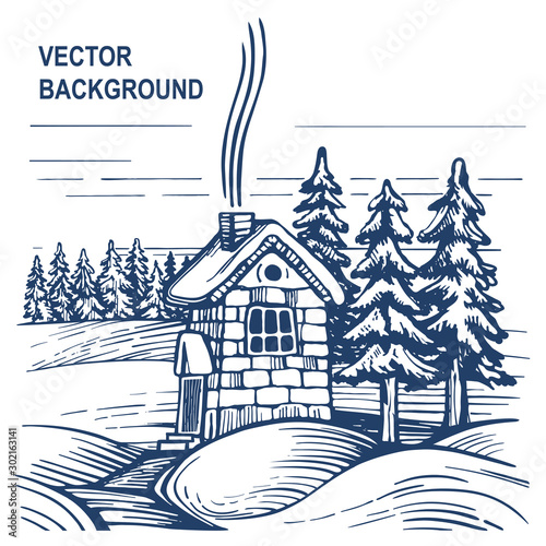 Stone house in winter forest