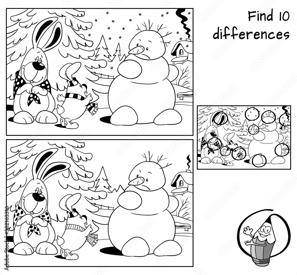 Snowman and two rabbits. Find 10 differences. Educational matching game ...