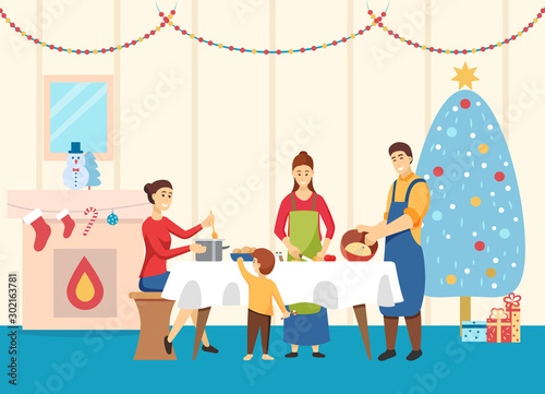 Family at home making food for Christmas table vector. Father and mother with kids cooking dishes. Celebration of xmas and winter holidays. Room with pine tree and garlands, fireplace and socks