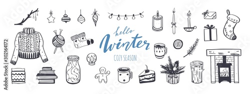 Hello Winter and Merry Christmas vector hand drawn set. New year holiday congratulation. Cozy vintage styled collection. Fireplace, christmas tree, decorations and other festive attributes