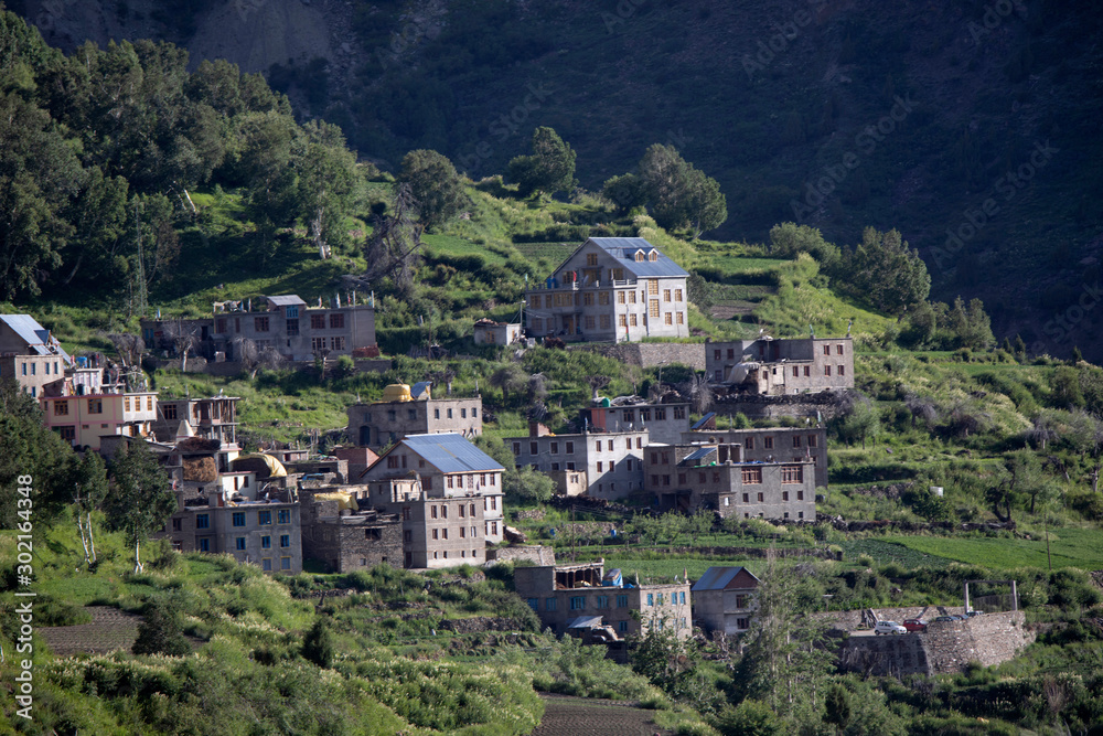 Jispa dwelling and mountain view, Himachal Pradesh, India