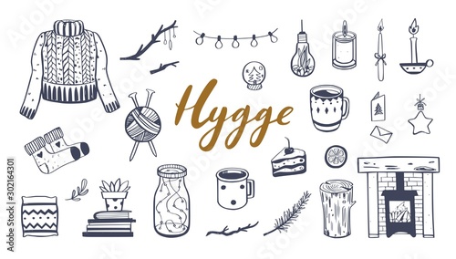 Danish lifestyle concept- Hygge. Vector hand drawn illustrations . Cozy elements for Winter season. Fireplace, candles, cacao and other hygge attributes