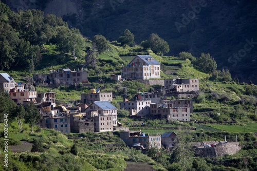 Jispa dwelling and mountain view, Himachal Pradesh, India