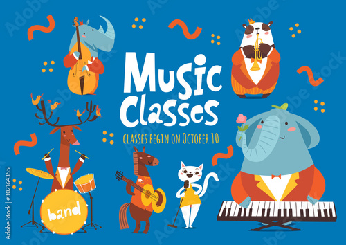 Vector music classes advertisement flyer or poster design with cute animals playing music
