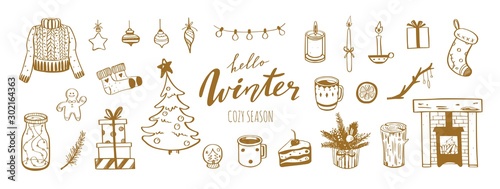 Hello Winter and Merry Christmas vector hand drawn set. New year holiday congratulation. Cozy vintage styled collection. Fireplace, christmas tree, decorations and other festive attributes