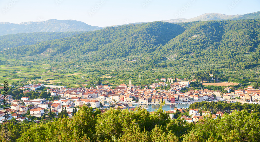   Panorama view of Stari Grad town from White cross hill, Hvar, Croatia                                                            