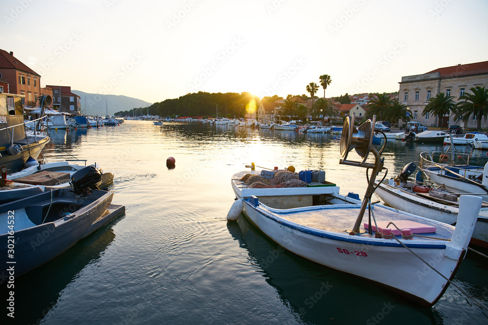 Stari Grad, Hvar/Croatia - June 2019: Small boats at Stari Grad marina and harbour                                       