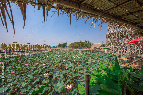 Saphan Khong Floating Market - SuphanBuri:10 November2019,River side attractions(giant fish randomly,bamboo bridge)There are tourists visiting to see the food,eat while onholiday,SongPhiNong,thailand photo