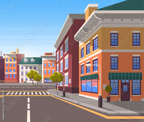 Town with buildings and empty street, 3d look of city road and houses. Bushes and trees, greenery cityscape. Skyline, crossroad with zebra. Cityscape with houses facades. Ubran landscape. Flat cartoon