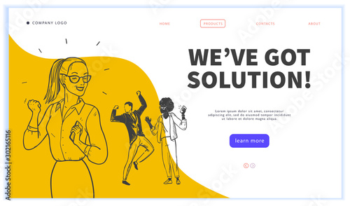Landing page design template, ui, mobile app. Business solution, creative team work, partnership, recruitment concept. Hand drawn style. Multiracial office people group. Vector illustration.