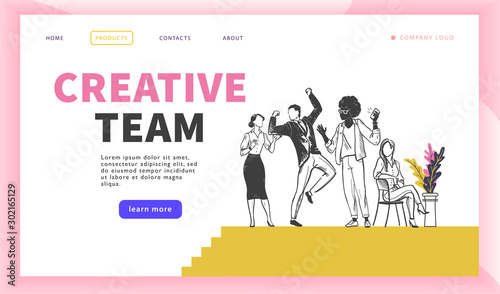 Creative team concept with multiracial office people group celebrating. Landing page design template, ui, mobile app. Hand drawn sketch style. Vector illustration.