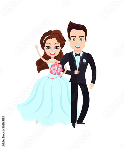 Wedding couple, portrait view of man in suit and woman in dress holding bouquet, smiling bride and groom married, valentine or romantic day vector