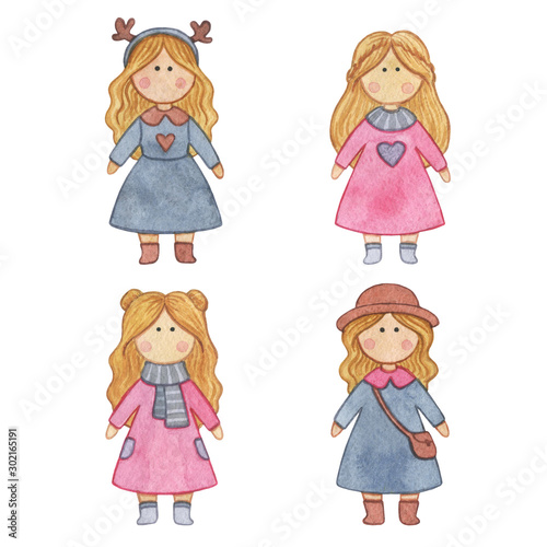Original watercolor doll. Picture with cartoon girls. Nice illustration for for book, stickers,logo, business card or postcard.