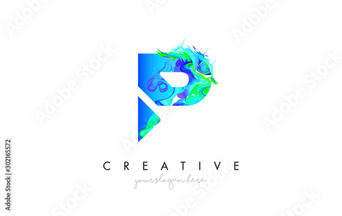 P Letter Icon Design Logo With Creative Artistic Ink Painting Flow in Blue Green Colors