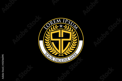 letter double S with shield and laurel leaf logo vector template