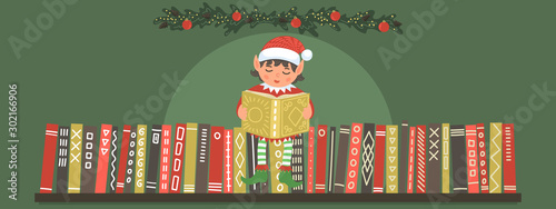 Cute Christmas elf reading book on bookshelf. Christmas, New Year greeting vector illustration for educational projects.