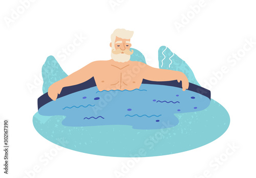 Old man in geyser flat vector illustration