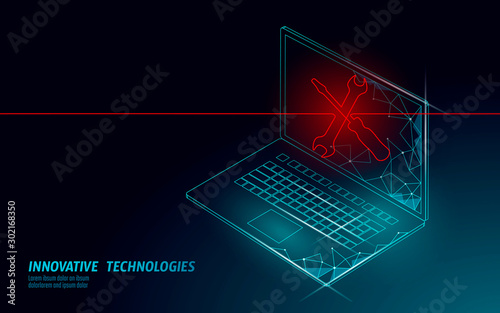 Fatal computer system crash. Software error bug data lost. Computer service repair help business concept. 3D laptop virus attack information security alert vector illustration