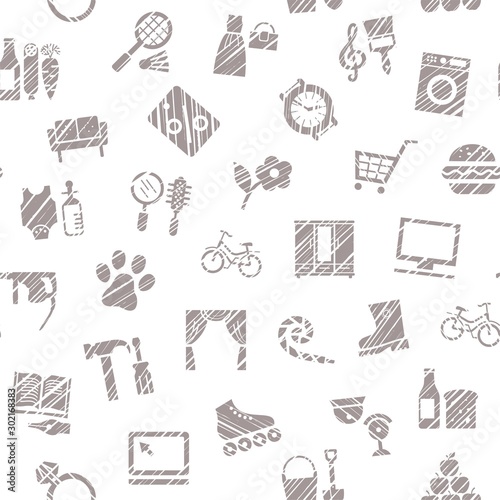 Shops, seamless pattern, monochrome, hatching, white, vector. Different product categories. Imitation of pencil hatching. 